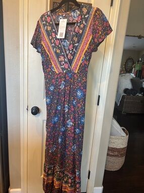 Floral V-Neck Maxi Dress in Navy - Boho Garden Print